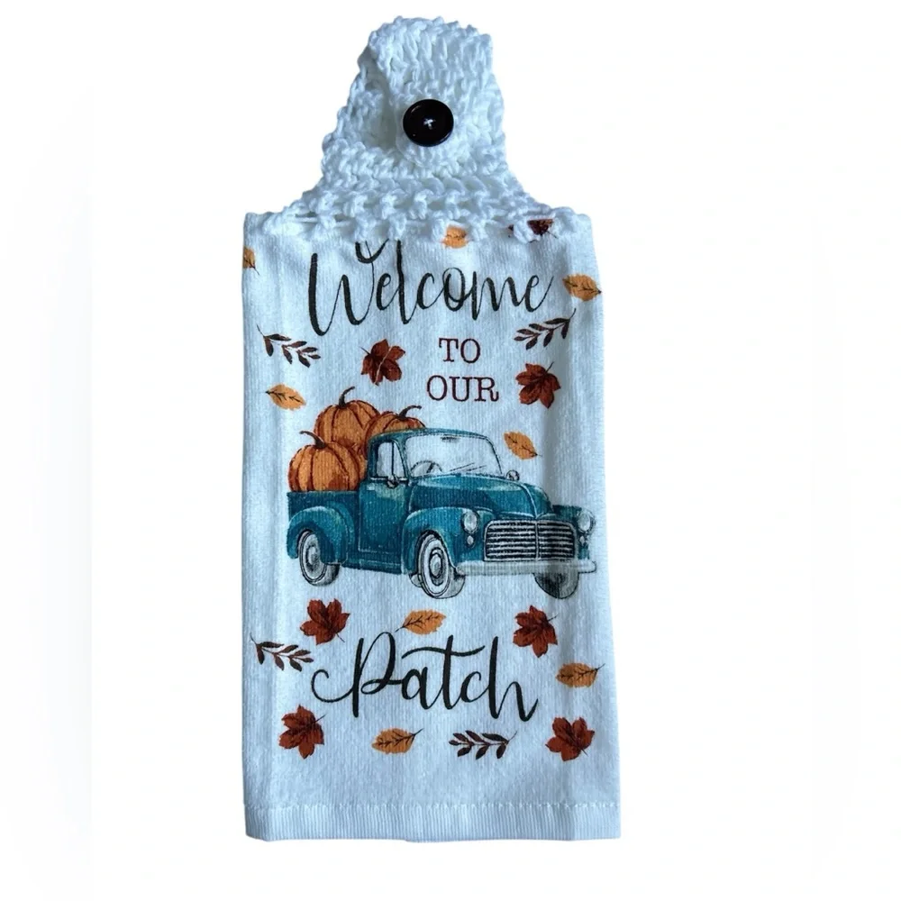 HAND CRAFTED Colorful Fall Pumpkins Crochet Top Hanging Kitchen Hand Towel
